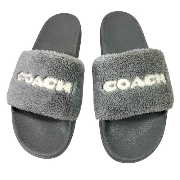 Coach Uli Sport Slides Plush Fuzzy Faux Shearling Gray Logo Spellout Size 10 - Picture 7 of 8